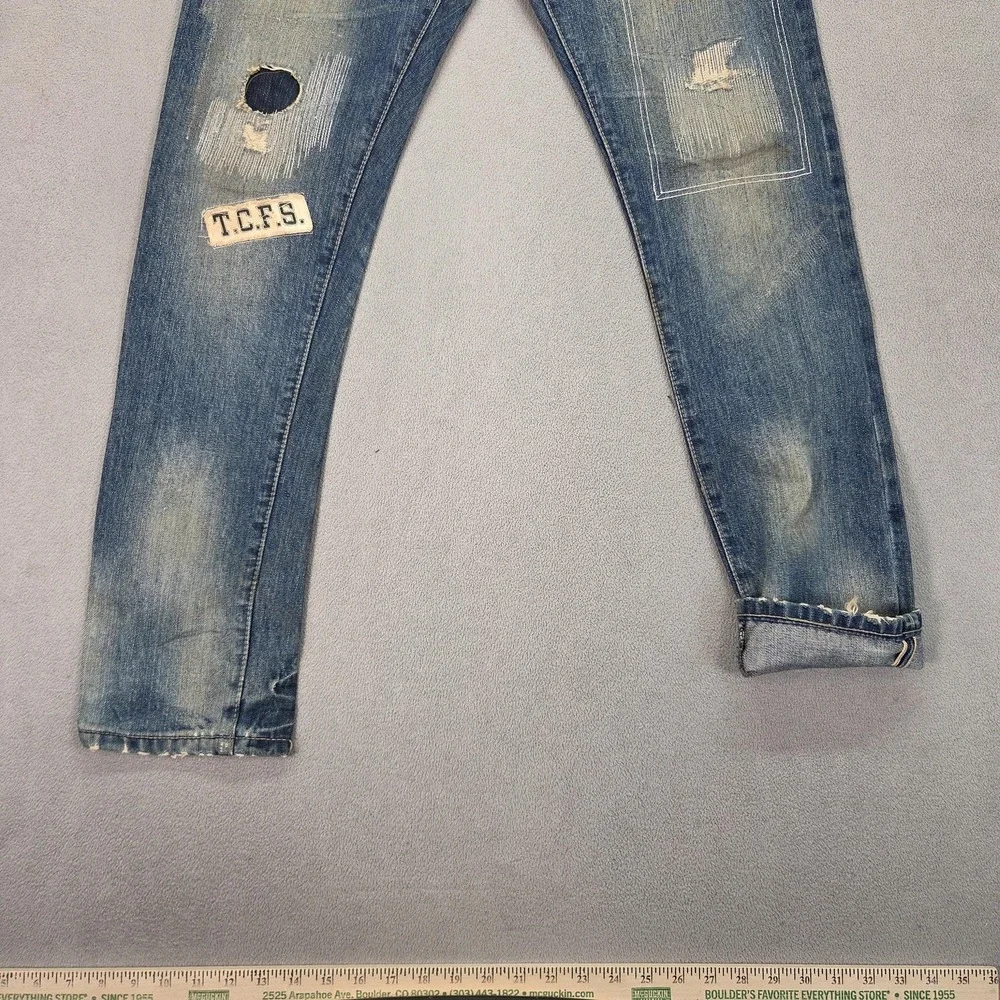 Remix Tapered Jeans Mens Blue Selvedge Raw Patchwork Denim Streetwear Fits 29x30